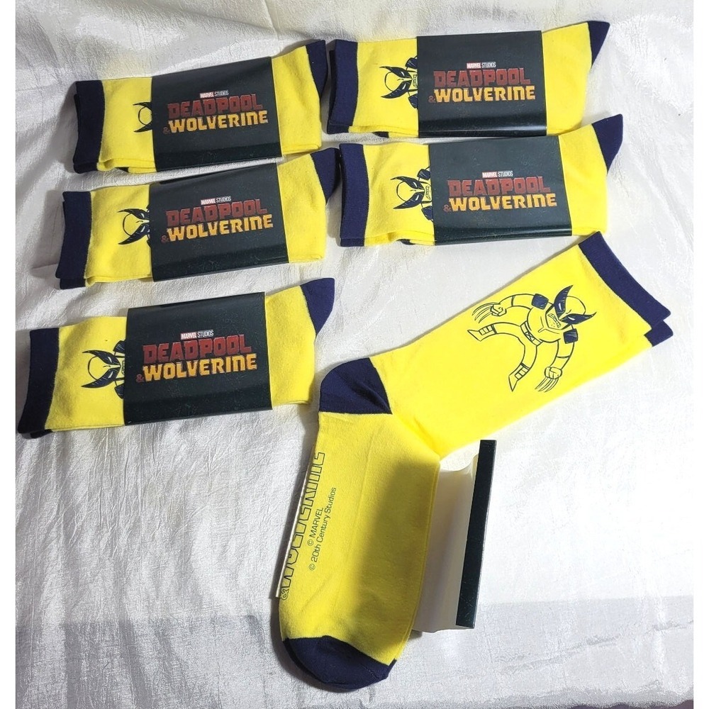 LOT 6 Pairs of Adult Size Marvel Studios Deadpool Wolverine Socks - Yellow